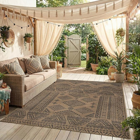 jinchan 5x7 Faux Jute Area Rug Washable Boho Living Room Rug, Charcoal | Southwestern Geometric, Non-Slip, Low Pile, Indoor Outdoor, Natural Fiber Look, Dining Room, Deck, Backyard, Bedroom, Patio
