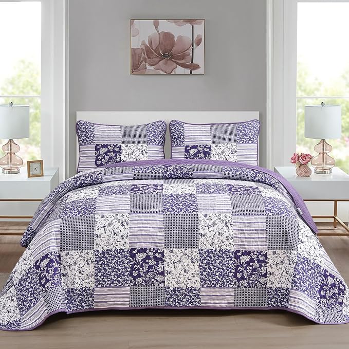 Mybedsoul Boho Quilt King Size, Patchwork Floral Bedding Set, Purple | Soft Lightweight Microfiber Coverlet Set, 3 Pieces Plaid Reversible Bedspread, Bed Sets for All Seasons 90"x110"