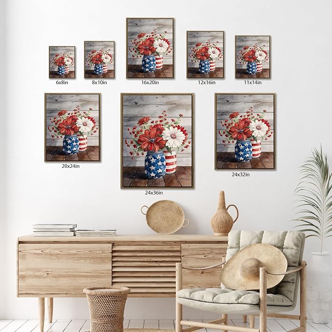 American Flag Framed Canvas Wall Art, 4th of July Patriotic Canvas Prints | Flowers and Stripes Poster Print, Independence Day Wall Decor for Bedroom Living Room Dining Room Office 6×8in