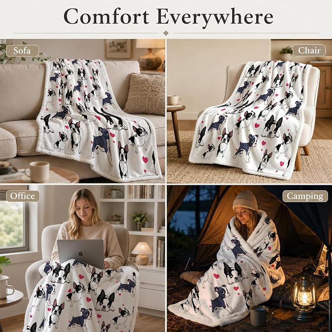 BlessLiving 60x80 Sherpa Fleece Throw Blanket, Boston Terrier | sherpa fleece. boston terrier print; for couch, bed, or sofa.