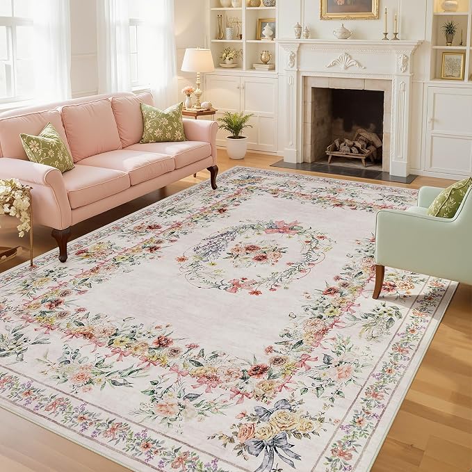 Joydeco Washable 9x12 Area Rugs, Ultra-Thin Large Area Rug for Living Room, Pink Soft Non Slip Boho Floral Bow Apartment Decor Carpet for Big Bedroom Playroom Nursery Office, Light Pink