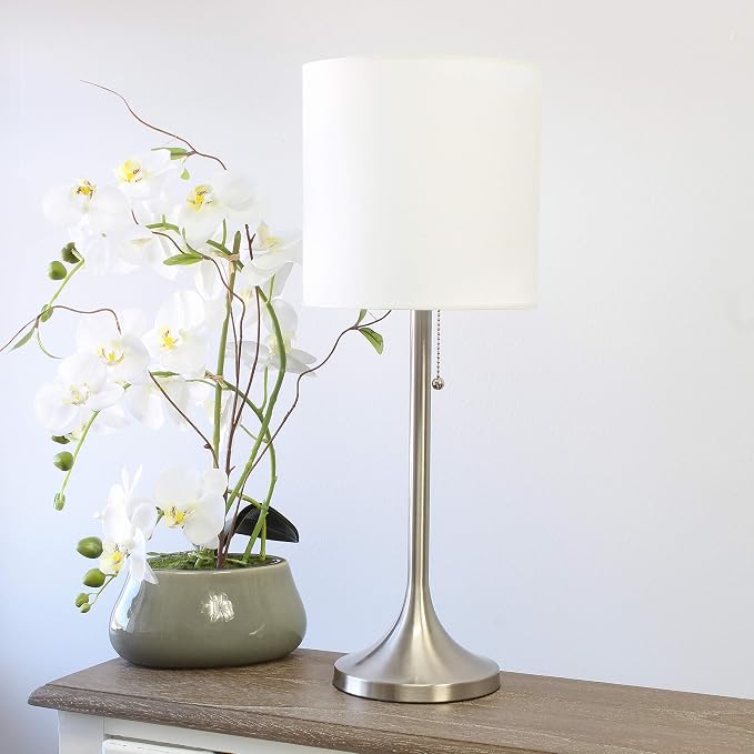 Simple Designs LT1076-BNW Tapered Fabric Drum Shade Table Lamp, Brushed Nickel and White
