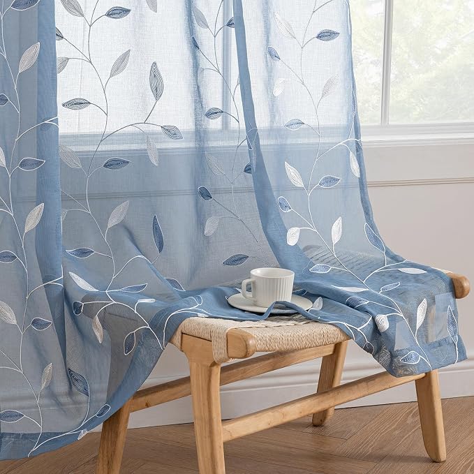 MIULEE Dusty Blue Sheer Curtains 2 Panels Leaf Patterned, W52 x L63 | Embroidered Floral Semi Sheer,Rod Pocket,Faux Linen,Short Window Curtains Drapes Set for Kitchen/Bathroom/Cafe