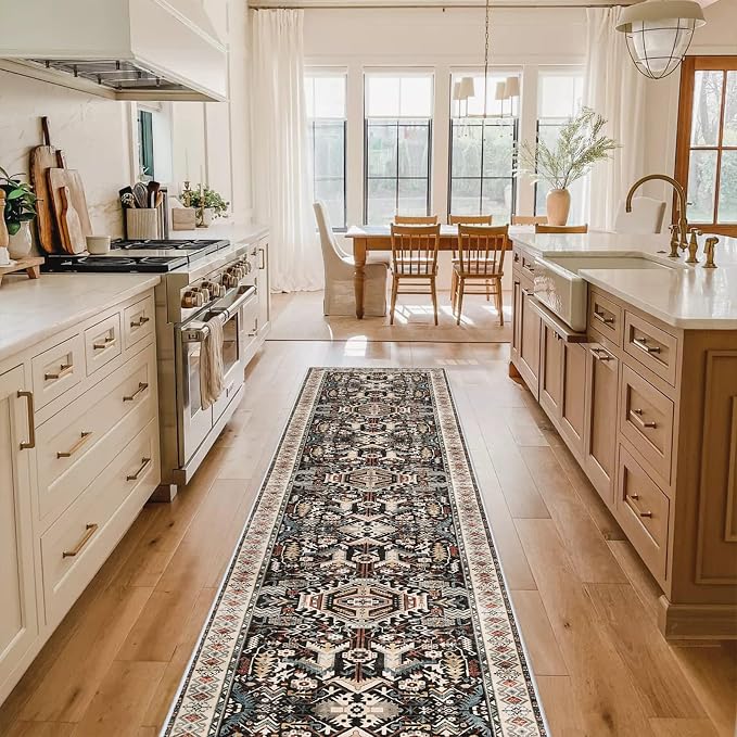 Washable Hallway Runner Rug 2x10: Non-Slip Kitchen Entryway Rugs Indoor Soft Low Pile Stain Resistant Carpet for Bedroom Laundry Ultra-Thin Vintage Home Decor Floor Mat for Bathroom (Black, 2 x 10)