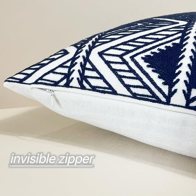 Slow Cow Embroidery Decorative Throw Pillow Cover Geometric Design Cushion Cover 18x18 Inches Navy Blue