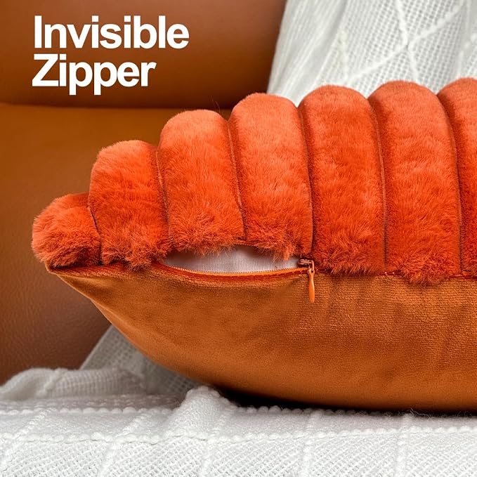 24x24 Pillow Covers, Decorative Faux Fur Throw Pillow Covers for Couch, Sofa Soft Fluffy Pillow Cover with Velvet Back for Living Room, Neutral Home Décor Accent for Bed - Burnt Orange