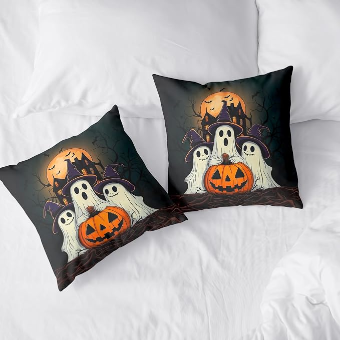 Set of 2 Halloween Pillow Covers 16x16 Ghost Throw Pillow Covers Full Moon Night Castle Bat Pillow Case Jack-O-Lantern Cushion Case for Holiday Party Decor Couch Sofa