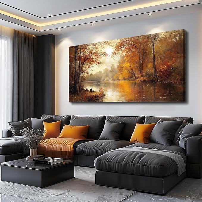 FUHAIHUA Canvas Wall Art For Living Room Large Wall Decor For Bedroom Aesthetics Office Wall Decoration Saffron Yellow Tree Landscape Painting Forest Picture Artwork Ready To Hang Home Decor 24"X48"