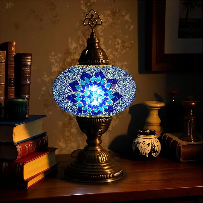 Turkish Lamp, Mosaic Table Lamp, Antique Moroccan Decorative Glass Bohemian Vintage Lamp Shade, Small Desk Tiffany Bedside Stained Glass Lamp with US Plug and E12 Socket