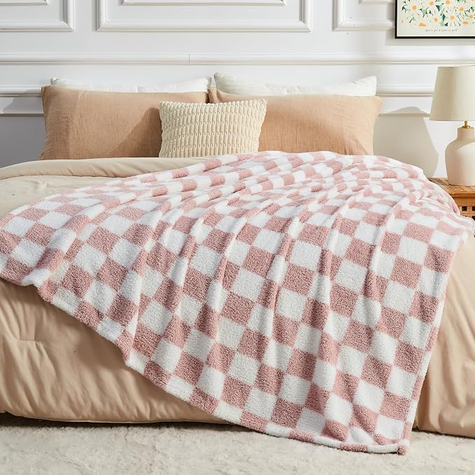 NEWCOSPLAY Knitted Throw Blanket for Couch Sofa Bed, Pink White, 50"x60" | Super Soft Plush, Fuzzy Fluffy Microfiber, Lightweight Cozy Blanket for Room Decor, All Season Use