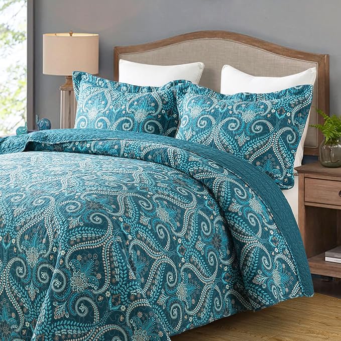 Travan 3-Piece Cotton Quilt Set Quilted Bedding Set for All Season, Cyan Blue Flower, King Size