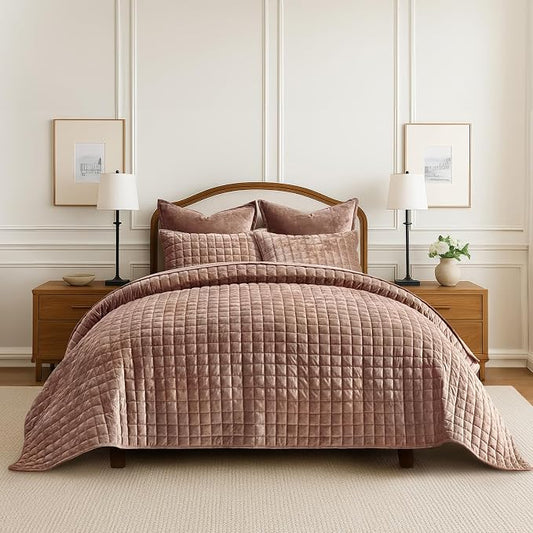 RECYCO Channel Box Stitch Velvet Quilt Set, King Size, Terracotta Clay | Ultra Soft Lightweight Velvet Comforter, Luxury Oversized Bedspread Coverlet, Quilted Bedding Set for All Season with 2 Shams