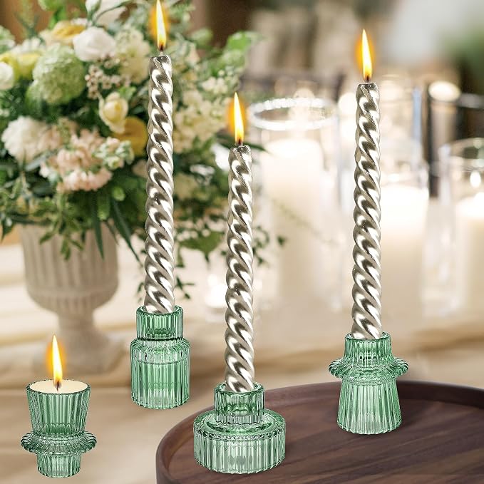 Glass Candlestick Holders - Set of 9 Green Tealight Candle Holder,3 Style Taper Candle for All Formal Events,Table Centerpieces,Wedding, Dinning,Church, Party & Festival Decoration
