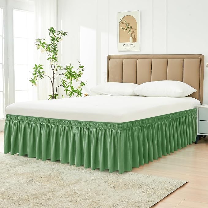 Wrap Around Bed Skirt Full Size Beds 15 Inch Drop-Elastic Dust Ruffle Sage | Adjustable Pleated Bedskirt-Easy Fit Wrinkle Resistant Washable Bed Skirting-Hotel Studio Apartment Home Guest Bedroom Rental
