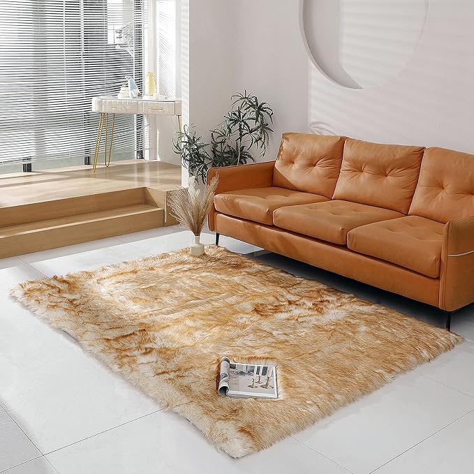 linmopm Faux Fur Rug Sheepskin Shag Fluffy Fuzzy 5x7 ft Rugs for Bedroom Bedside Bed Floor Living Room Plush Rectangle High-Density Cushion Carpet Super Sofa Cover White and Yellow