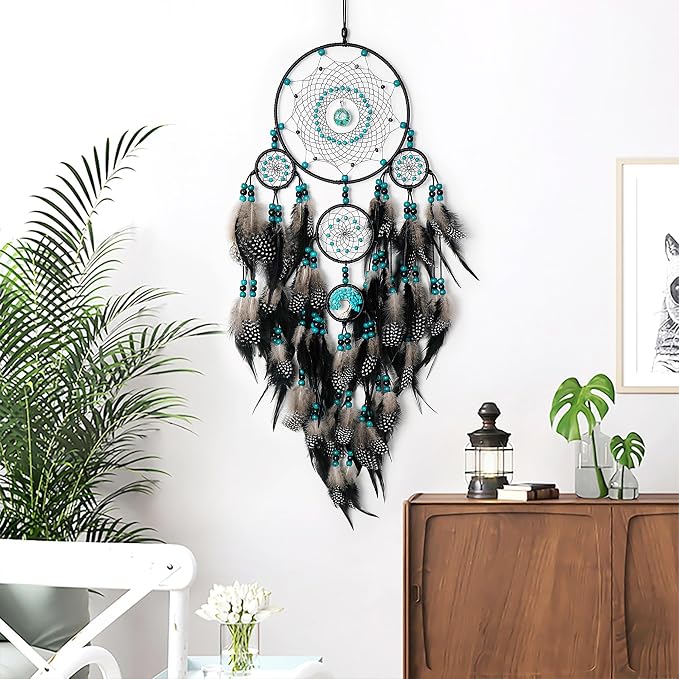 Large Dream Catchers, Boho Handmade Woven Black Dream Catchers Wall Hanging for Bedroom Living Room Dorm Room Decor, Adults Wedding Party Decor, Festival Blessing Gift (Turquoise & Black)
