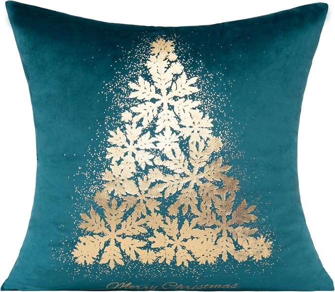 All Smiles Teal Gold Christmas Decorations Throw Pillow Covers Cases 18X18 Set of 4 Turquoise Xmas Indoor Home Décor Ornaments Velvet Navidad Cushion for Sofa Couch Tree Snowflake Reindeer