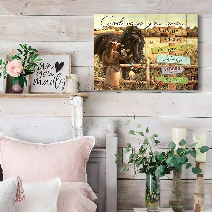 Rustic Farmhouse Horse Wall Art Horse Gifts for Girls Inspirational Spiritual Scripture Christian Picture God Says You Are Wall Decor Framed Modern Artwork for Girls Bedroom 16x24 inch