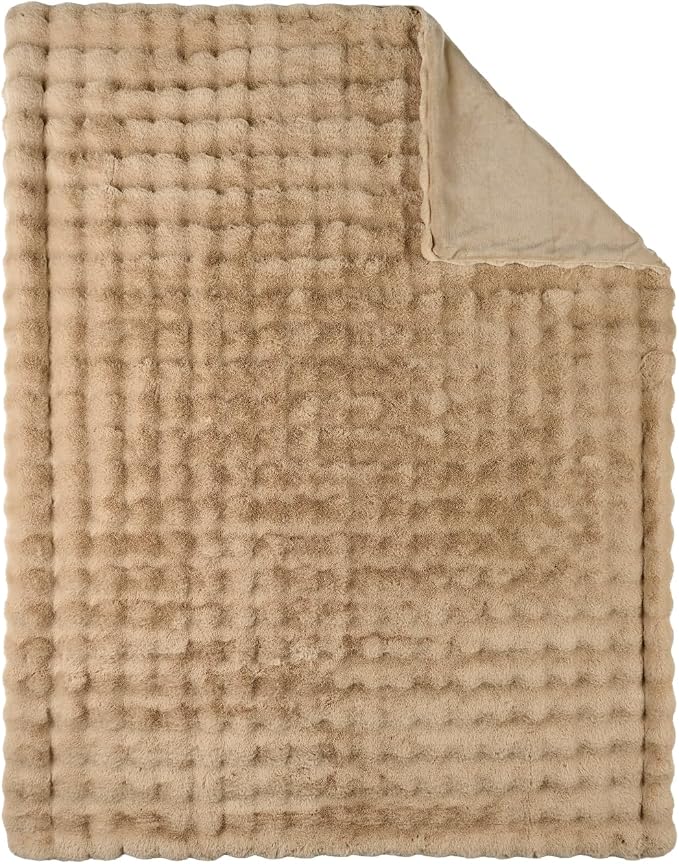 Lotus Karen Queen Size Faux Fur Blanket Khaki - Big Bubble Rabbit Fluff Blanket for Bed, Large Fluffy Fuzzy Cozy Blanket, Thick Furry Plush Shaggy Blankets, 90x90 Inches