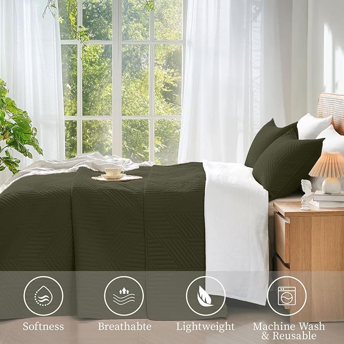 Davulos Twin Quilt Bedding Set,Green Ultrasonic Quilt Set Reversible Microfiber Bedspread,Lightweight Soft Modern Geometric Coverlet Set for All Seasons(1 Quilt,1 Pillow Sham)