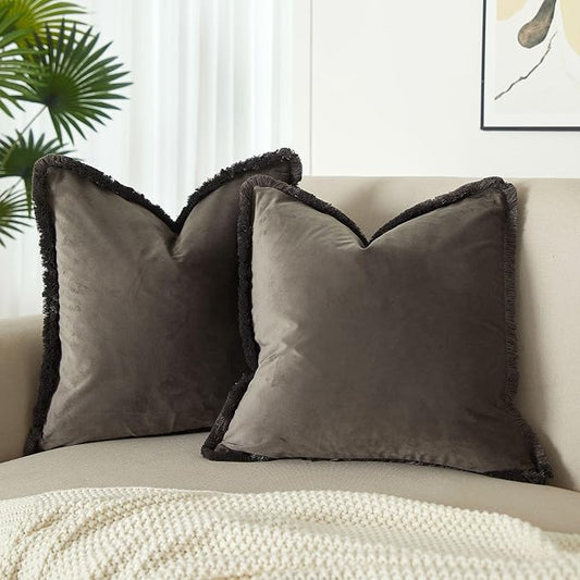 JUSPURBET Ash Decorative Velvet Fringe Throw Pillow Covers 18x18 Set of 2 Boho Soft Cushion Case for Home Decor Living Room Couch Sofa Bed