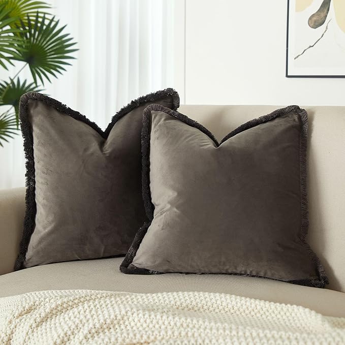 JUSPURBET Pack of 2 Ash Decorative Fringe Velvet Throw Pillow Covers 24x24 for Home Decor Living Room Bedroom Car Boho Soft Cushion Cover with Hidden Zipper Machine Washable