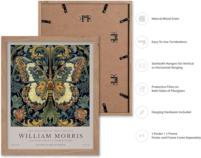 Monem Art William Morris - Butterfly and Flowers Print - Botanical Artwork - Exhibition Art - Floral Design - Textile Illustration - Animal Art - Aesthetic Bedroom or Office Decor - 16x20 Beige Framed