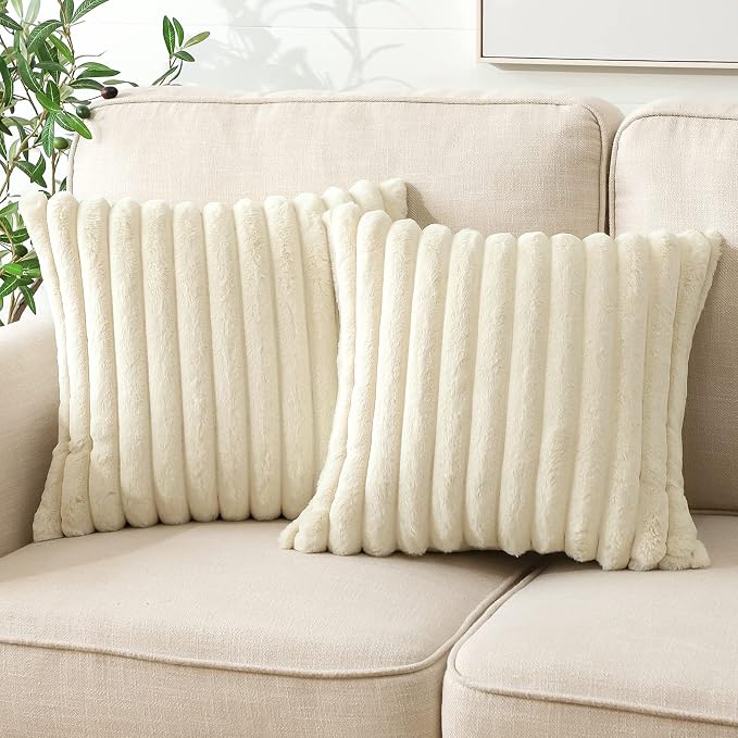 Soleebee Set of 2 Throw Pillow Covers Soft Cozy Velvet Pillowcase Faux Rabbit Fur Cover for Couch Sofa Bed Chair Home Decorative Pillows Cover (18x18 Inch, Ivory White)