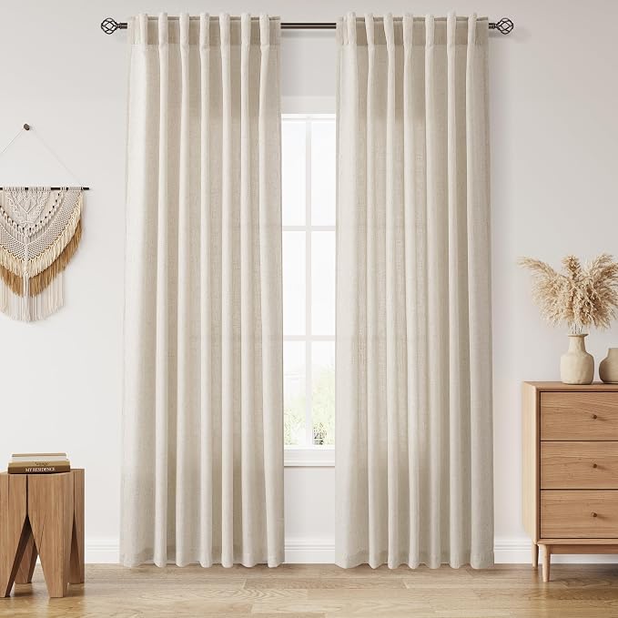 Boho Linen Curtains 84 Inches Long for Living Room Light Filtering Semi Sheer Curtain Back Tab Eclectic Home Decor Modern Elegant Luxury Drapes for Bedroom Office 52x84,2 Panels