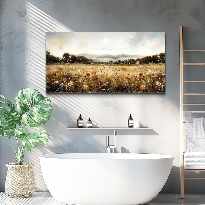 KELIYUAN Canvas Wall Art For Kitchen Dining Room Vintage Decor, Lawn Paintings With Flowers Wall Decor Prints Home Office Living Room Bedroom Decoration Home Decor, Can Be Hung Directly 20 "X 40"
