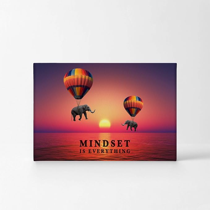 Smile Art Design Mindset is Everything Elephant with Balloon in Sunset Motivational Wall Art Canvas Print Inspirational Wall Art Entrepreneur Quote Office Living Room Decor Gift Ready to Hang 11x17