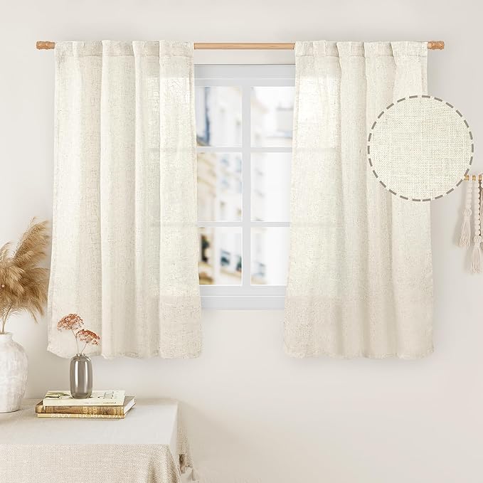 Short Window Linen Curtains for Bedroom 2 Panels, 34 x 54 Inch | Light Filtering Panels, Soft Neutral Drapes, Semi Sheer, Curtains for Living Room, Rod Pocket Back Tab, Cream Ivory