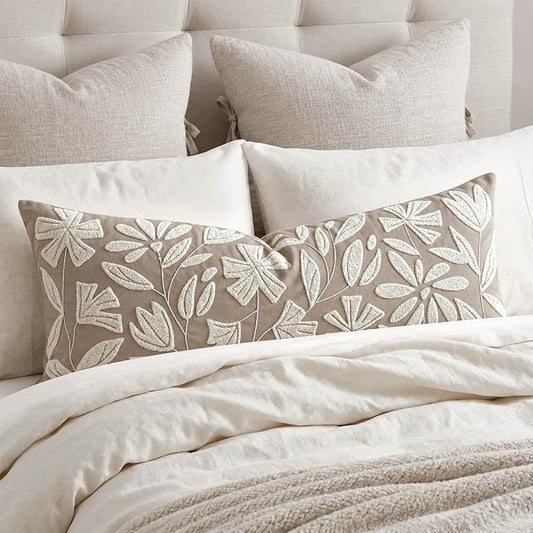 BlissBlush Long Lumbar Pillow Cover 14x36 for Bed, Light Taupe Floral Tufted Velvet Accent Oversize Throw Pillowcase for Bedroom, Cover Only