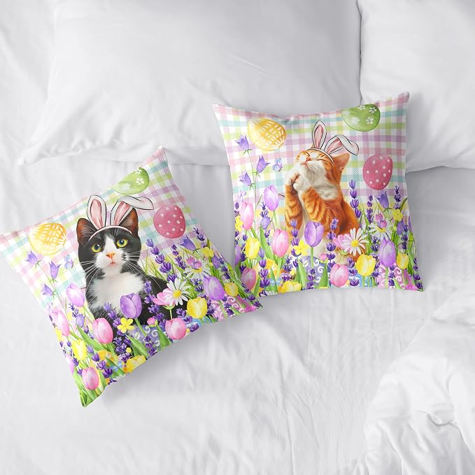 Spring Easter Pillow Covers 24x24 Set of 2 Lovely Cow Cat and Ginger Cat Wearing Bunny Ears Throw Pillow Covers Tulip Floral Pillow Case for Easter Decoration Sofa Patio Garden