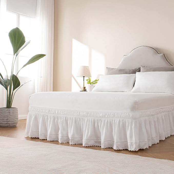 MIYE Wrap Around Ruffled Lace Bed Skirt, Elastic Dust Ruffle with Adjustable Belts, Easy to Put On, Bed Frame Cover, Machine Washable (Embroidered/White, Full/Twin-15 Drop)