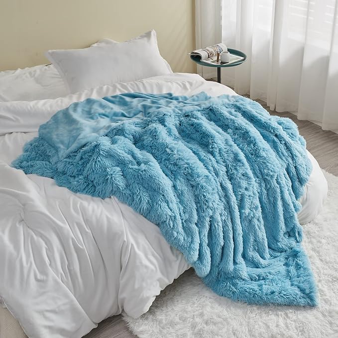 GONAAP Fuzzy Faux Fur Throw Blanket for Couch, Sky Blue, 50"x60" | Warm Cozy Plush Shaggy Decorative Reversible Thick Non-Heated Fleece Blanket for Sofa Bed, Gift for Women Men, All Season Use