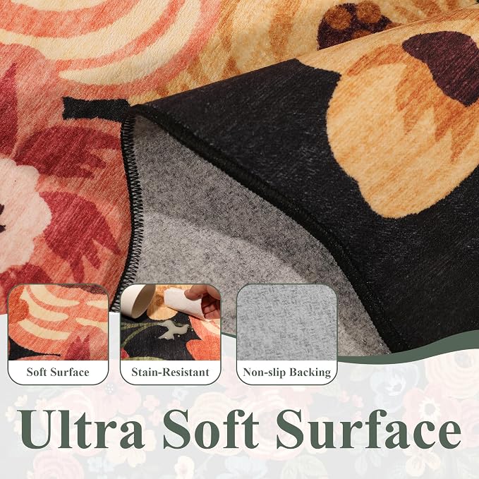 DUKINO 2.6x8 Runner Rug, Floral Washable Kitchen Rugs Non Slip, Black | Low Pile, Stain Resistant, Soft Throw Carpet Runner for Hallway, Entryway, Bedroom, Bathroom, Pet Friendly, Modern Home Decor