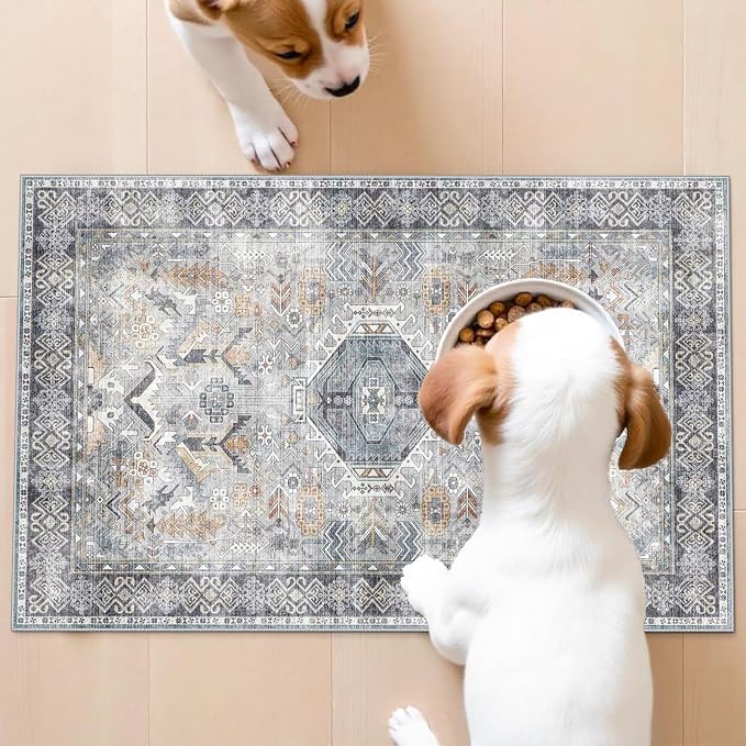 Washable Entryway Area Rug 2x3 - Small Doormat Vintage Distressed Rugs Oriental Non-Slip Stain Resistant Carpet Soft Thin Non-Shedding Indoor Floor Mat for Bedroom Bathroom Kitchen (Grey/Blue,2x3)