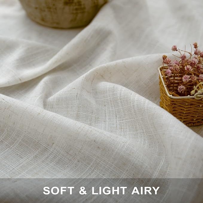 Pitalk 60 Inch Length Linen Curtains Cream Ivory Semi Sheer Light Filtering Panels Back Tab Rod Pocket Boho Modern Farmhouse Linen Drapes for Bedroom Living Room Window 2 Panels 34 x 60 Inches Long