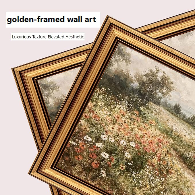 Vintage Gold Framed Wall Art Country Wildflower Field Wall Decor Picture Farmhouse Nature Rustic Cottagecore Landscape Poster Print for Gallery Living Room Bedroom Home Decoration 9x11in