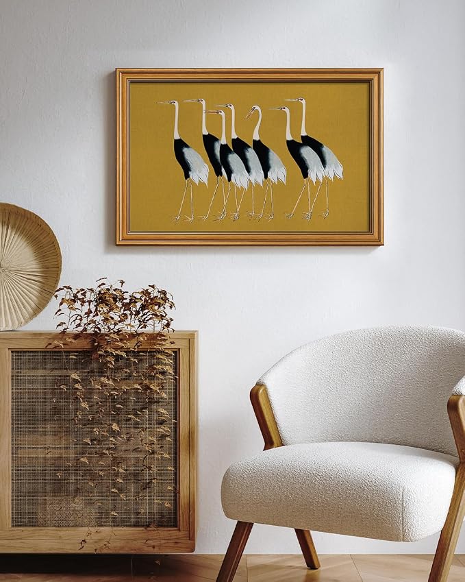 WHASAYART Gold Framed Vintage Wall Art for Living Room, Animals Painting Prints Shelf Decor for Kitchen, Aesthetic Bedroom Wall Art Decor, Christmas Gifts for Friends or Family Seven Cranes 16"x24"
