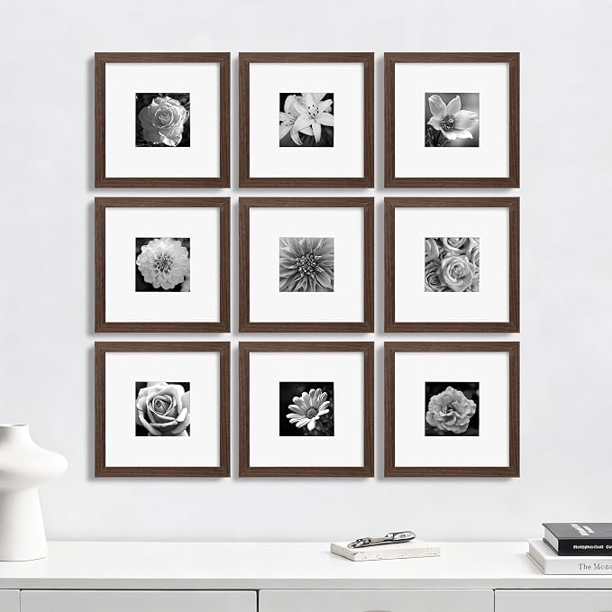 eletecpro Picture Frames Set of 9, 8x8 in, Acrylic Cover, Walnut Brown | Display Photo 4x4 with Mat or 8x8 without, Square Gallery Collage, Wall Mount, Minimalist Home Decor, Engineered Wood