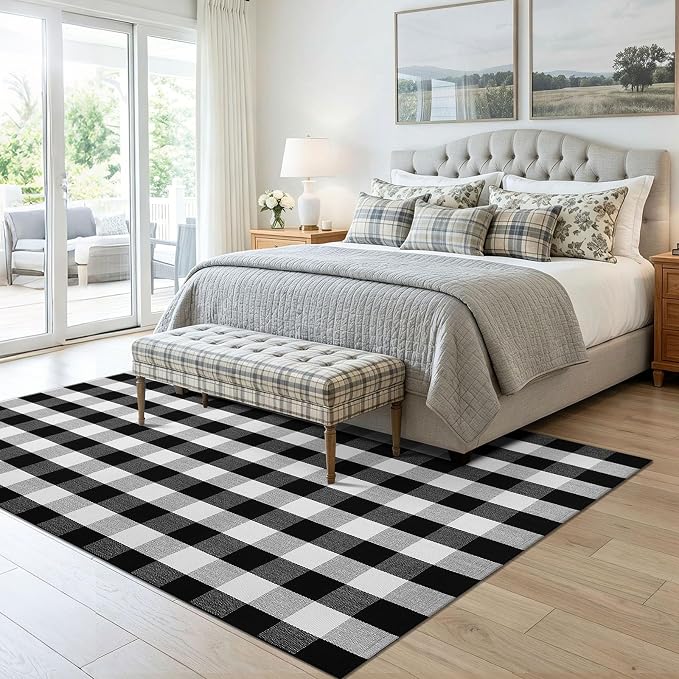 KOZYFLY Buffalo Plaid Area Rug 5x7 ft Living Room Rug, Black and White | Washable Checkered Rugs, Cotton Bedroom Rug, Woven Dining Room Rug, Indoor Outdoor Carpet for Farmhouse Patio Front Porch