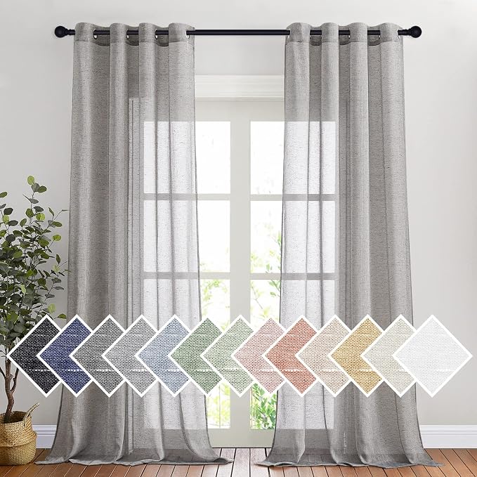 NICETOWN Semi Sheer Linen Blend Living Room Curtains, Grommet Top Flew to Floor Thick Semitransparent Window Treatment Privacy Light Reducing for Nursery, W52 x L108, Charcoal Grey, 2 Panels