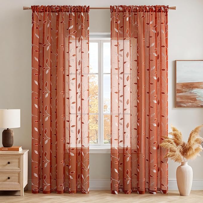 MIULEE Terracotta Sheer Fall Leaf Curtains Burnt Orange 2 Panels 52"x84" | Embroidered Floral Semi Sheer,Rod Pocket,Faux Linen,Short Window Curtains Drapes Set for Kitchen/Bathroom/Cafe