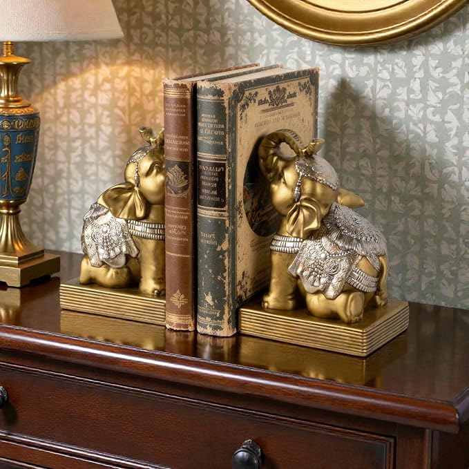 Elephant Book Ends for Shelves, Vintage Decorative Bookends, Book Holders with Anti-Slip Pad for Book Lovers Heavy Book Stopper for Home Office Decor (Gold)