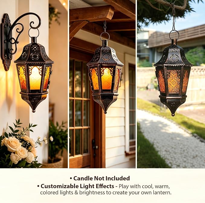 Moroccan Lantern Decorative Indoor & Outdoor, 13.6’’ Vintage Decorative Hanging Lanterns with Chain for Home Porch Patio Decor, Metal Christmas Ramadan Candle Holder Decorations (Amber)