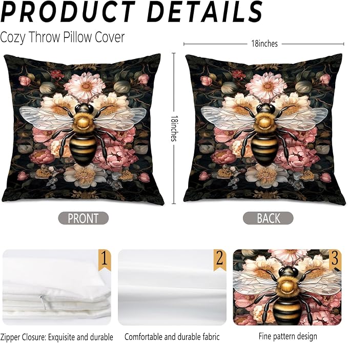 Vintage Moody Floral Honeybee Pillow Covers 18x18, Bee Lover Gifts, Dark Cottagecore Room Decor, Moody Dark Academia Wildflower Botanical Bee Decorative Throw Pillow Covers for Home Room
