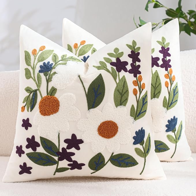 Embroidered Throw Pillow Covers 18x18 Pack of 2 Green Leaves Daisy Pillow Covers Floral Pillowcases Farmhouse Pillow Cushion Cases Square Flower Boho Pillow Case Summer Decor