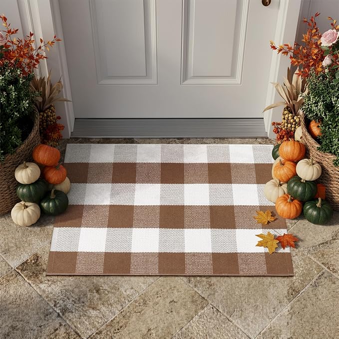 LEEVAN Buffalo Plaid Outdoor Rug, 2x3 Fall Front Porch Rugs Doormat Decor | Brown and White Entryway Rugs, Small Washable Layered Door Mat, Farmhouse Checkered Rugs for Kitchen Patio Bathroom Autumn